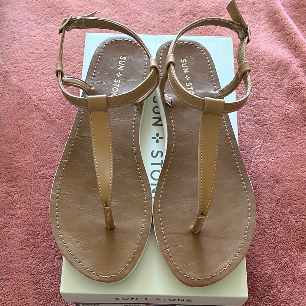 Sun + Stone Tan T-Strap Vegan Leather Sandals Size 9.5